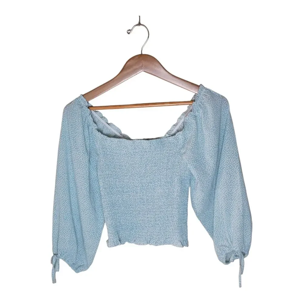 Harper & Me Cropped‎ Top Square Neck 3/4 Sleeve Blue Smocked Women's Size 12